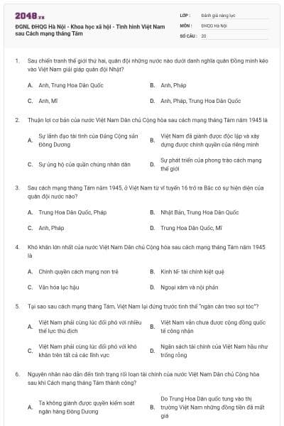 ĐGNL ĐHQG Hà Nội - Khoa học xã hội - Tình hình Việt Nam sau Cách mạng tháng Tám