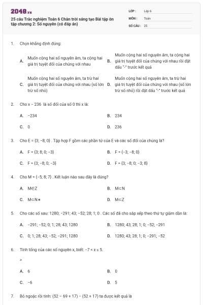25 câu Trắc nghiệm Toán 6 Chân trời sáng tạo Bài tập ôn tập chương 2: Số nguyên (có đáp án)