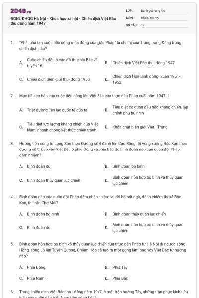 ĐGNL ĐHQG Hà Nội - Khoa học xã hội - Chiến dịch Việt Bắc thu đông năm 1947