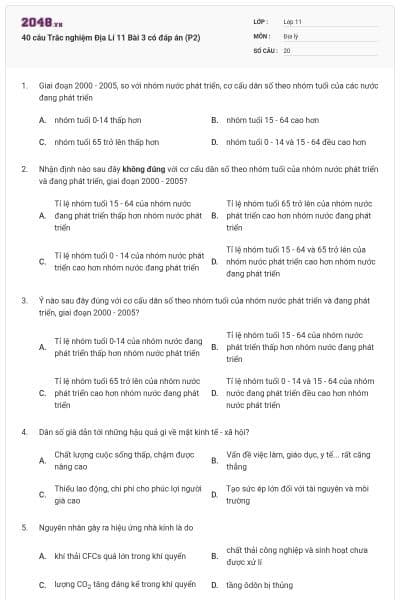 40 câu  Trắc nghiệm Địa Lí 11 Bài 3 có đáp án (P2)