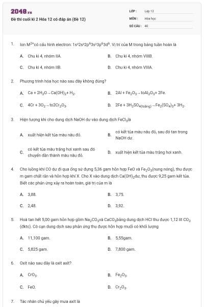 Đề thi cuối kì 2 Hóa 12 có đáp án (Đề 12)