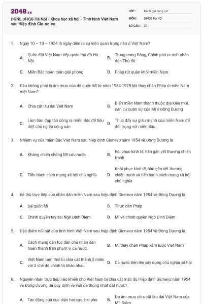 ĐGNL ĐHQG Hà Nội - Khoa học xã hội - Tình hình Việt Nam sau Hiệp định Giơ-ne-vơ