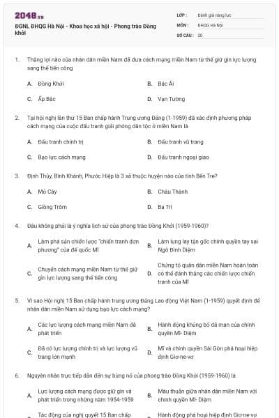 ĐGNL ĐHQG Hà Nội - Khoa học xã hội - Phong trào Đồng khởi