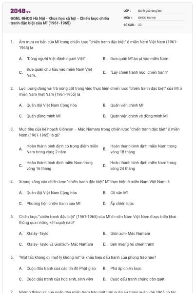 ĐGNL ĐHQG Hà Nội - Khoa học xã hội - Chiến lược chiến tranh đặc biệt của Mĩ (1961-1965)