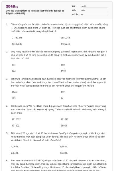 299 câu trắc nghiệm Tổ hợp xác suất từ đề thi đại học có lời giải chi tiết(P9)