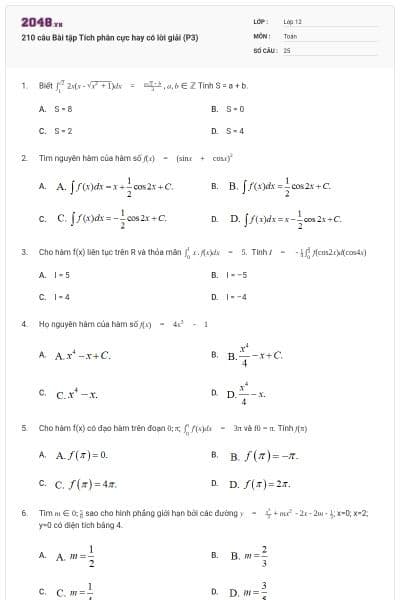 210 câu Bài tập Tích phân cực hay có lời giải (P3)