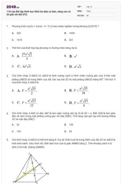 118 câu  Bài tập Hình học Khối đa diện cơ bản, nâng cao có lời giải chi tiết (P2)