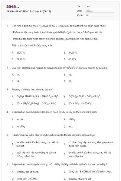 Đề thi cuối kì 2 Hóa 12 có đáp án (Đề 13)