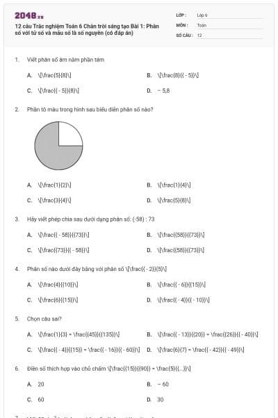 12 câu Trắc nghiệm Toán 6 Chân trời sáng tạo Bài 1: Phân số với tử số và mẫu số là số nguyên (có đáp án)