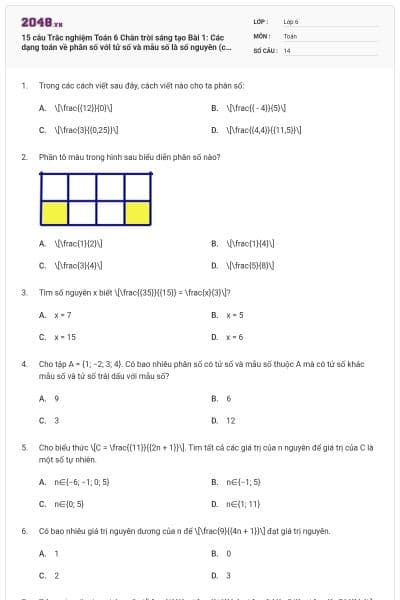15 câu Trắc nghiệm Toán 6 Chân trời sáng tạo Bài 1: Các dạng toán về phân số với tử số và mẫu số là số nguyên (có đáp án)