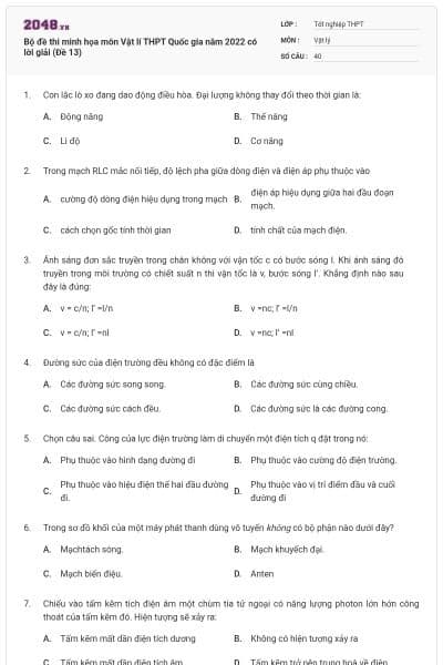 Bộ đề thi minh họa môn Vật lí THPT Quốc gia năm 2022 có lời giải (Đề 13)