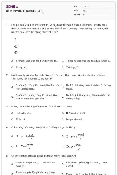 Đề ôn thi Vật Lí 11 có lời giải (Đề 1)