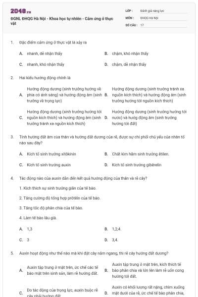 ĐGNL ĐHQG Hà Nội - Khoa học tự nhiên - Cảm ứng ở thực vật