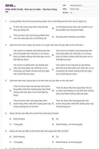 ĐGNL ĐHQG Hà Nội - Khoa học tự nhiên - Tiêu hóa ở động vật