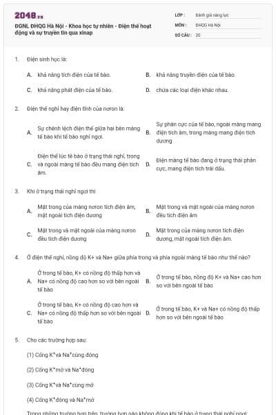 ĐGNL ĐHQG Hà Nội - Khoa học tự nhiên - Điện thế hoạt động và sự truyền tin qua xinap