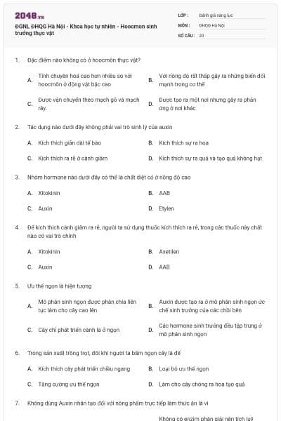 ĐGNL ĐHQG Hà Nội - Khoa học tự nhiên - Hoocmon sinh trưởng thực vật