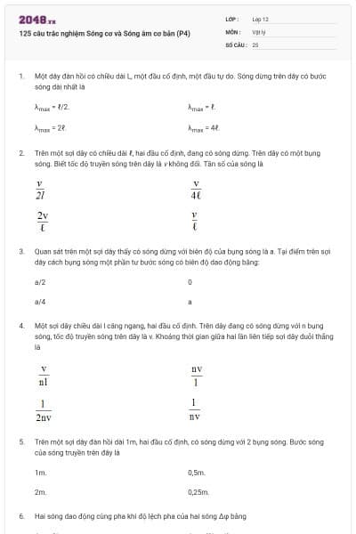 125 câu trắc nghiệm Sóng cơ và Sóng âm cơ bản (P4)
