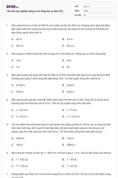 125 câu trắc nghiệm Sóng cơ và Sóng âm cơ bản (P2)
