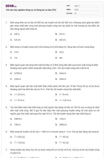 125 câu trắc nghiệm Sóng cơ và Sóng âm cơ bản (P2)