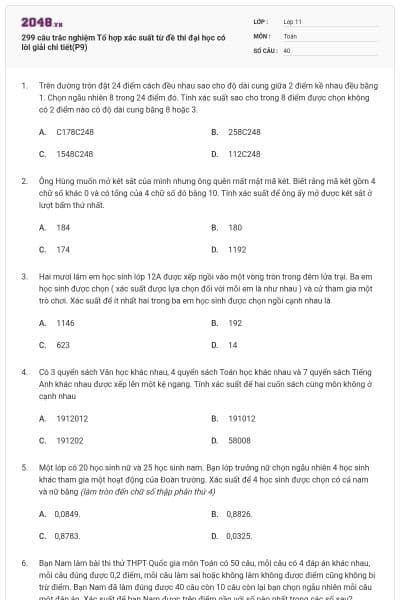 299 câu trắc nghiệm Tổ hợp xác suất từ đề thi đại học có lời giải chi tiết(P9)