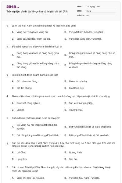 Trắc nghiệm đề thi Địa lý cực hay có lời giải chi tiết (P3)