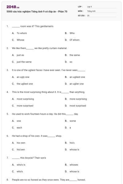 5000 câu trắc nghiệm Tiếng Anh 9 có đáp án - Phần 70