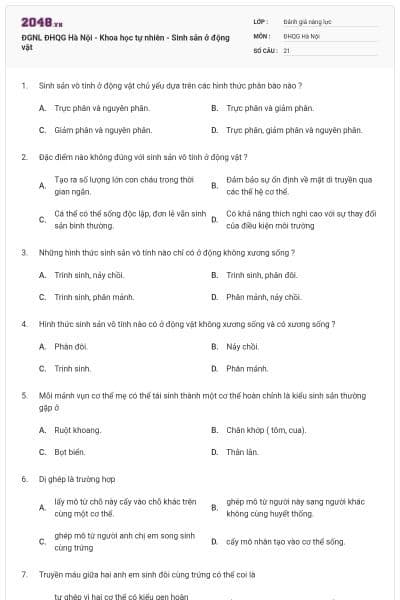 ĐGNL ĐHQG Hà Nội - Khoa học tự nhiên - Sinh sản ở động vật