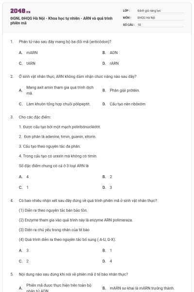 ĐGNL ĐHQG Hà Nội - Khoa học tự nhiên - ARN và quá trình phiên mã