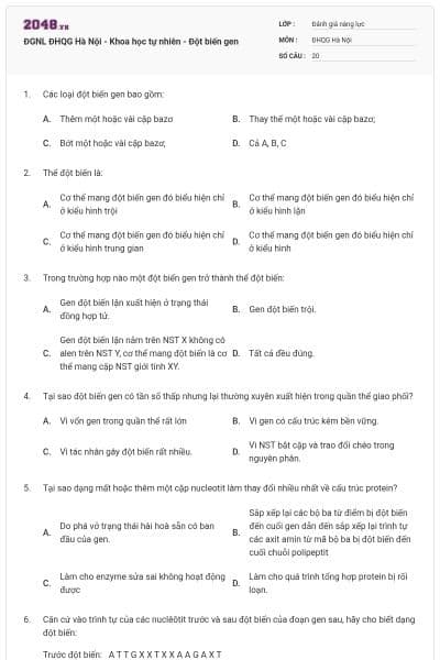 ĐGNL ĐHQG Hà Nội - Khoa học tự nhiên - Đột biến gen