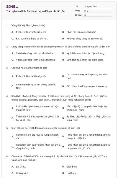 Trắc nghiệm đề thi Địa lý cực hay có lời giải chi tiết (P4)