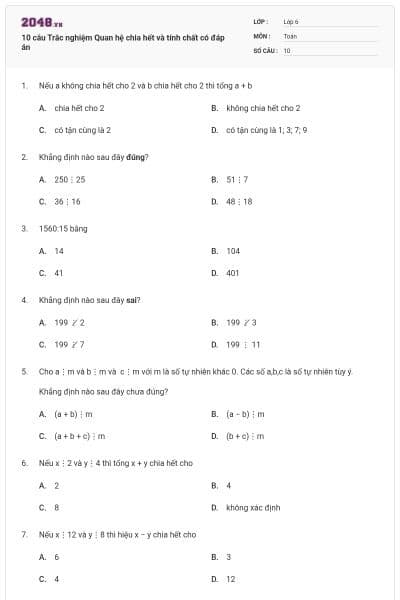 10 câu Trắc nghiệm Quan hệ chia hết và tính chất có đáp án