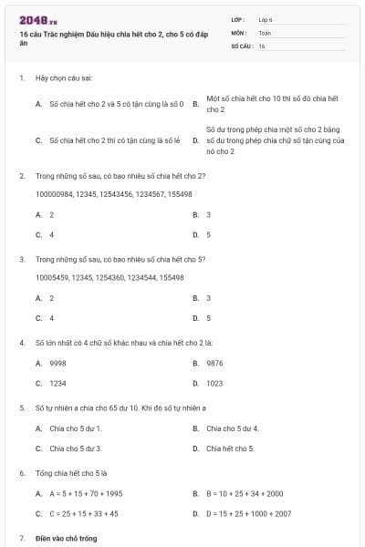 16 câu Trắc nghiệm Dấu hiệu chia hết cho 2, cho 5 có đáp án