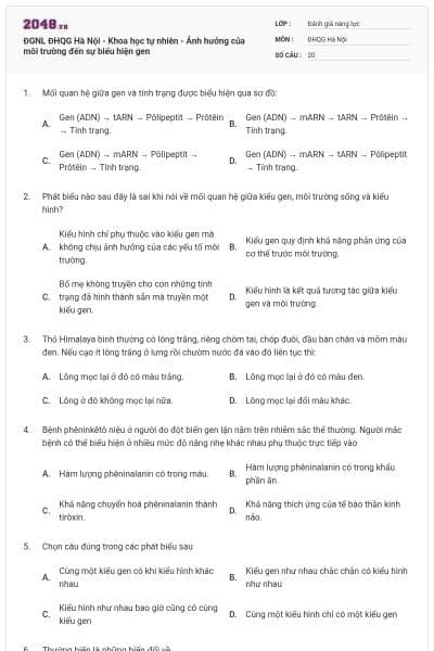 ĐGNL ĐHQG Hà Nội - Khoa học tự nhiên - Ảnh hưởng của môi trường đến sự biểu hiện gen