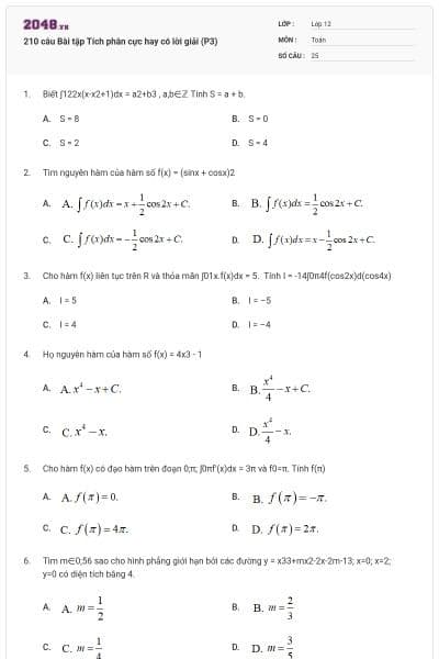 210 câu Bài tập Tích phân cực hay có lời giải (P3)