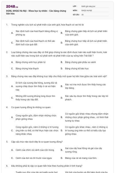 ĐGNL ĐHQG Hà Nội - Khoa học tự nhiên - Các bằng chứng tiến hóa