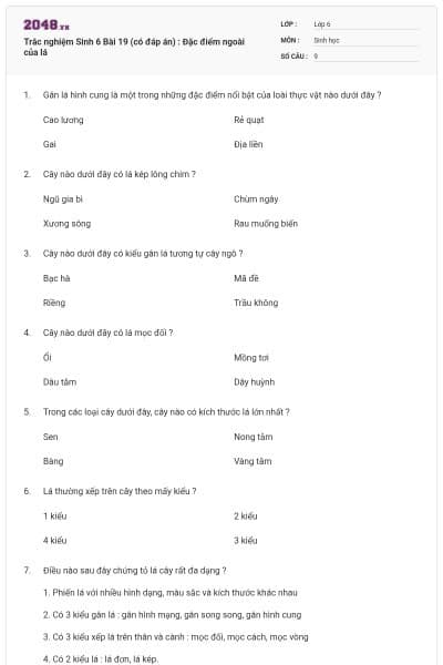 Trắc nghiệm Sinh 6 Bài 19 (có đáp án) : Đặc điểm ngoài của lá