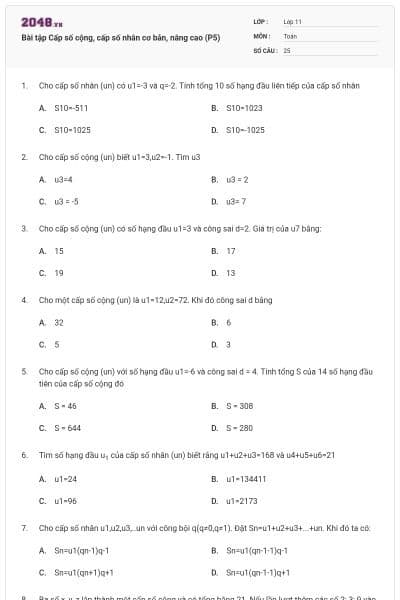Bài tập Cấp số cộng, cấp số nhân cơ bản, nâng cao (P5)