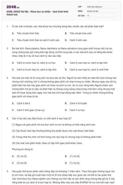 ĐGNL ĐHQG Hà Nội - Khoa học tự nhiên - Quá trình hình thành loài