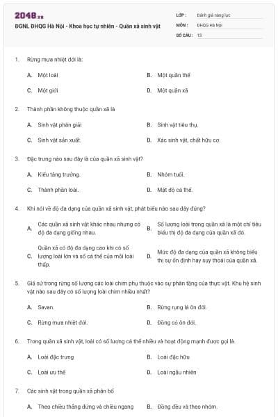 ĐGNL ĐHQG Hà Nội - Khoa học tự nhiên - Quần xã sinh vật