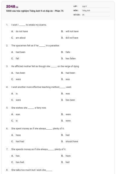 5000 câu trắc nghiệm Tiếng Anh 9 có đáp án - Phần 75