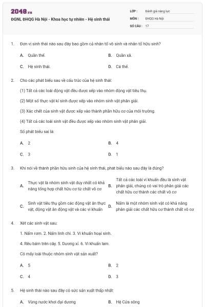 ĐGNL ĐHQG Hà Nội - Khoa học tự nhiên - Hệ sinh thái