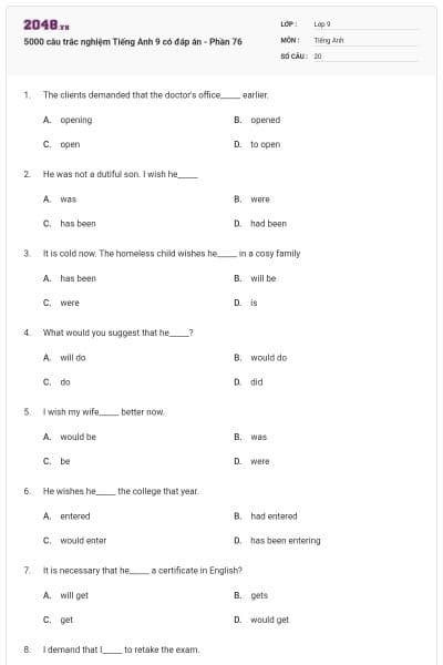 5000 câu trắc nghiệm Tiếng Anh 9 có đáp án - Phần 76