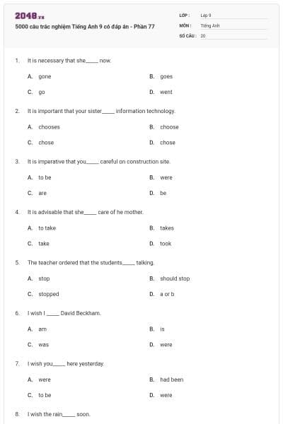 5000 câu trắc nghiệm Tiếng Anh 9 có đáp án - Phần 77