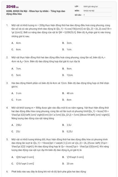 ĐGNL ĐHQG Hà Nội - Khoa học tự nhiên - Tổng hợp dao động điều hòa