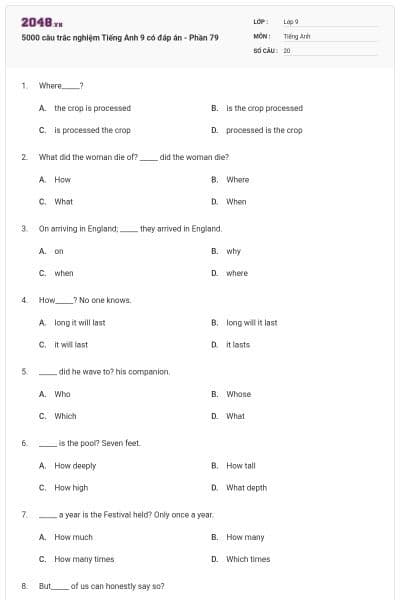 5000 câu trắc nghiệm Tiếng Anh 9 có đáp án - Phần 79