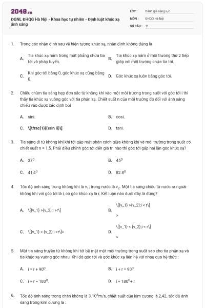 ĐGNL ĐHQG Hà Nội - Khoa học tự nhiên - Định luật khúc xạ ánh sáng