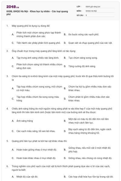 ĐGNL ĐHQG Hà Nội - Khoa học tự nhiên - Các loại quang phổ
