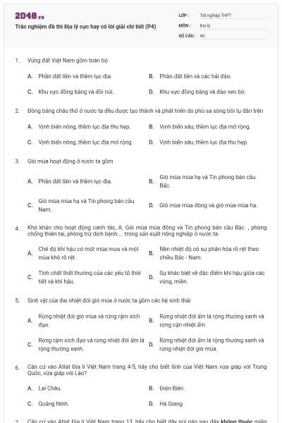 Trắc nghiệm đề thi Địa lý cực hay có lời giải chi tiết (P4)
