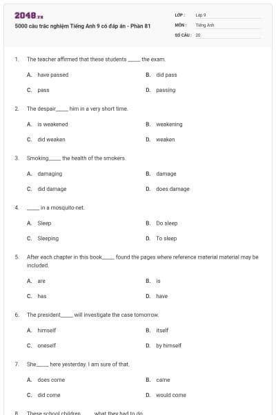 5000 câu trắc nghiệm Tiếng Anh 9 có đáp án - Phần 81