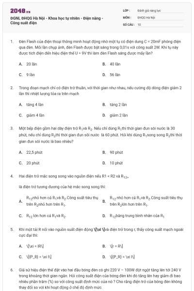 ĐGNL ĐHQG Hà Nội - Khoa học tự nhiên - Điện năng - Công suất điện